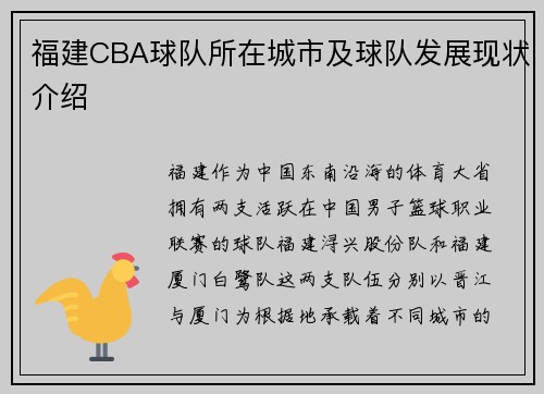 福建CBA球队所在城市及球队发展现状介绍