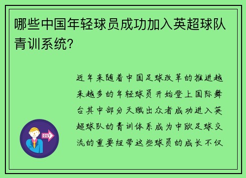 哪些中国年轻球员成功加入英超球队青训系统？