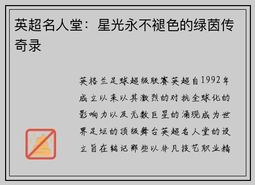 英超名人堂：星光永不褪色的绿茵传奇录